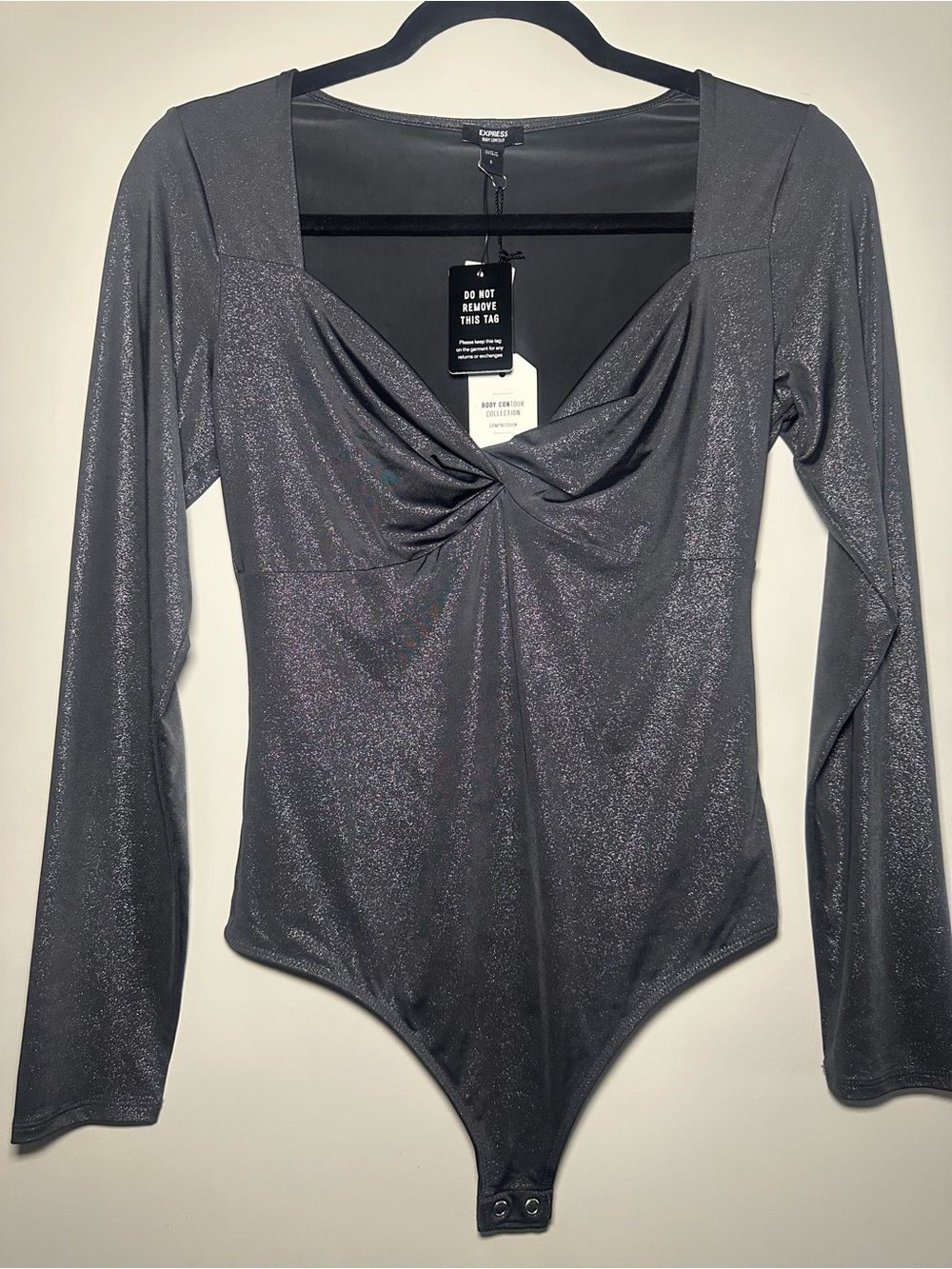 Express Shimmery Gray Twist-Front Long Sleeve Bodysuit